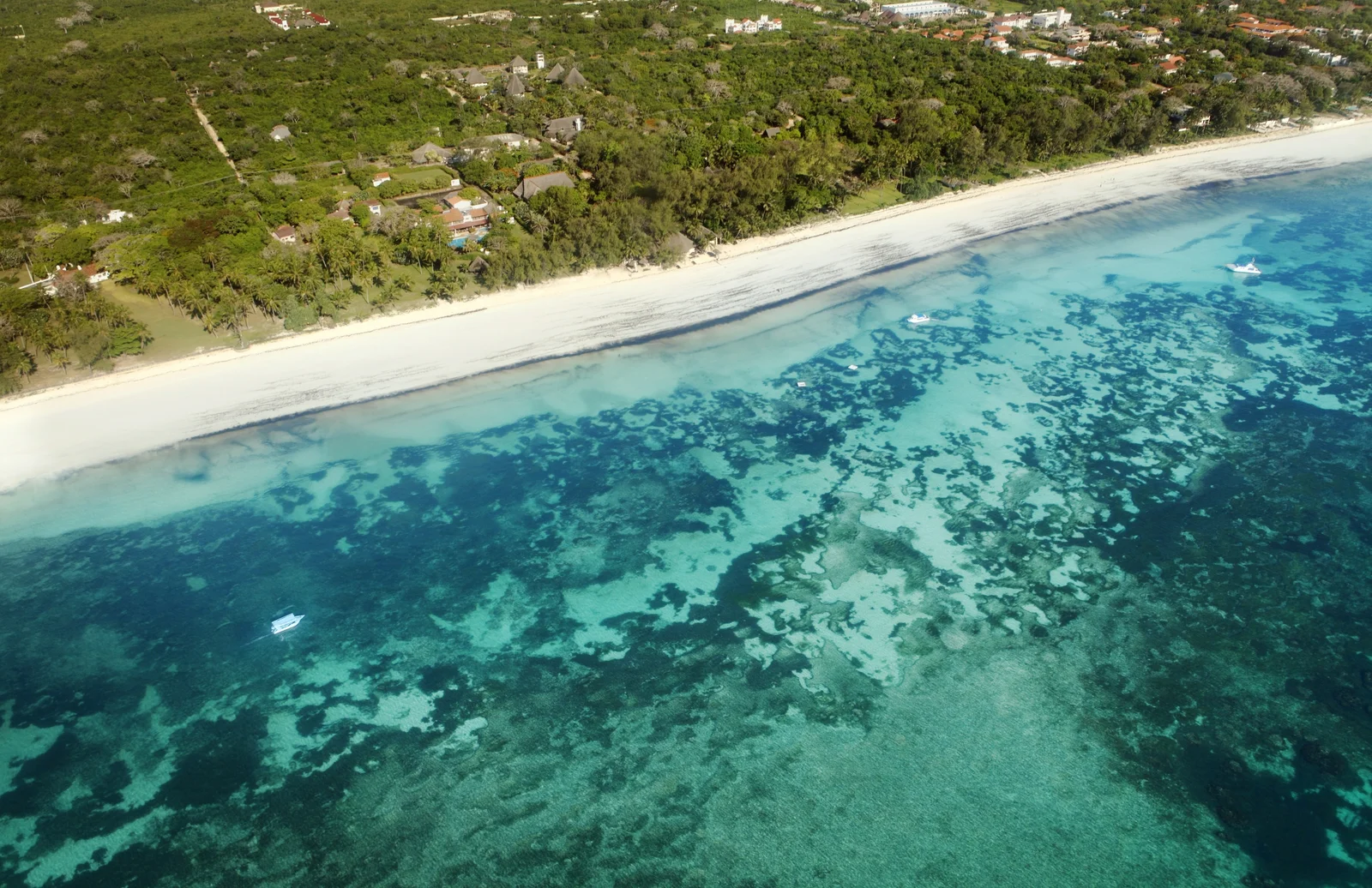 Eine vor Anker liegende Dhau innerhalb der Rifflinie bei Flut — das typische Bild von Diani, doch zwei Drittel dessen, was Diani zu bieten hat, liegen abseits der Postkarte.