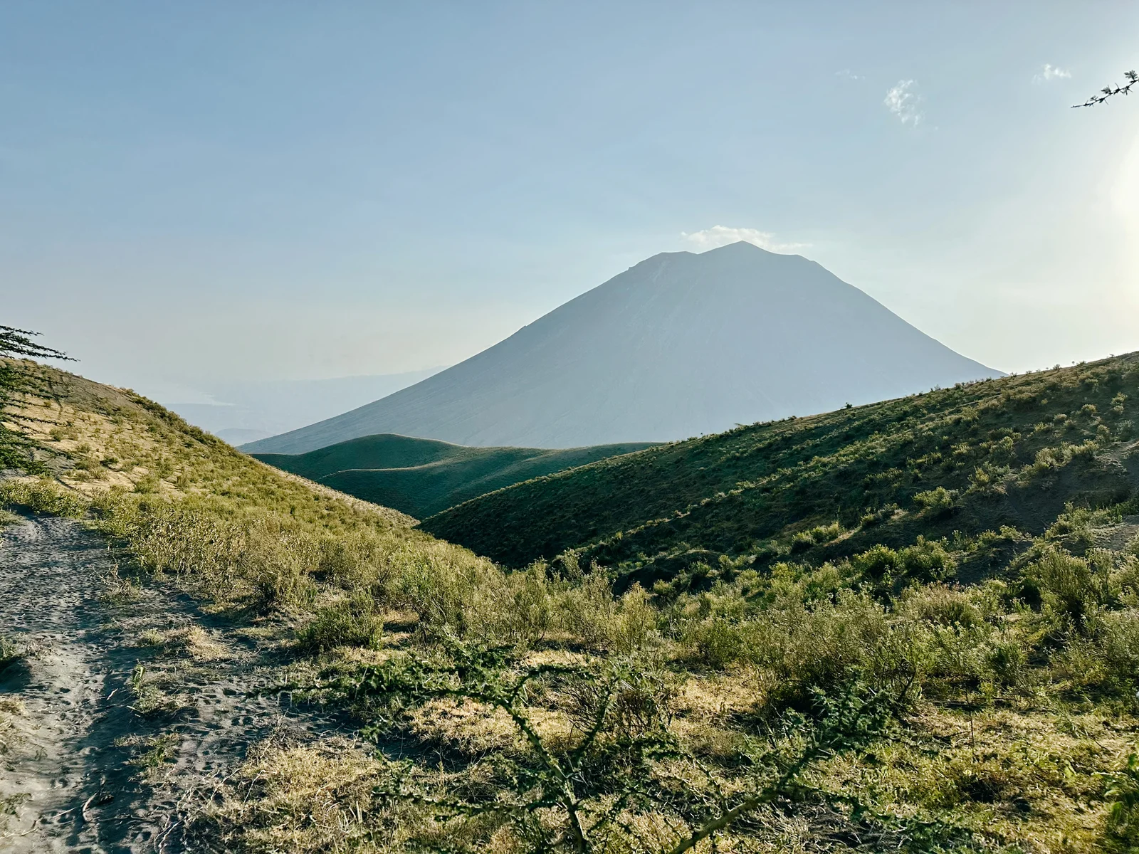 Paysage de Karatu en saison sèche, avec des champs dorés et un ciel bleu dégagé
