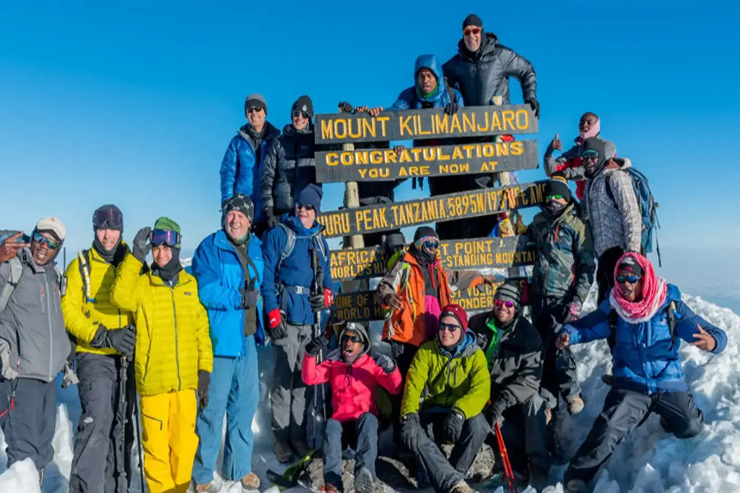 Un groupe de randonneurs et leur équipe célébrant devant le panneau du sommet d'Uhuru Peak