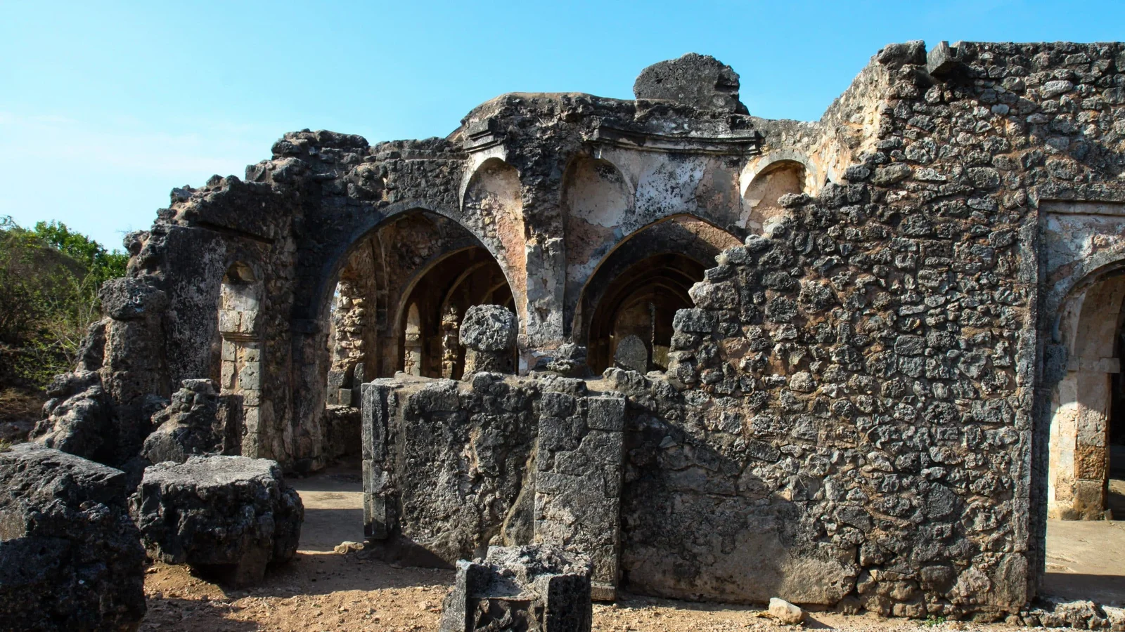 Rovine in pietra corallina di Kilwa Kisiwani che emergono dalla boscaglia e dai baobab contro l'Oceano Indiano