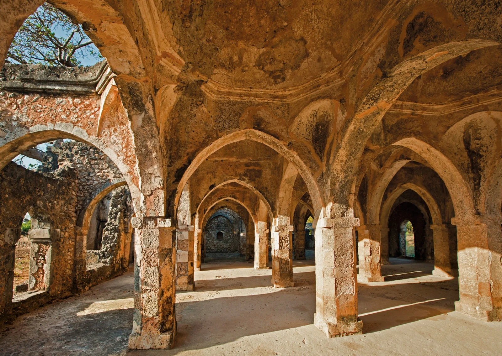 Interno della Grande Moschea di Kilwa con colonne di pietra corallina e campate a cupola parzialmente crollate