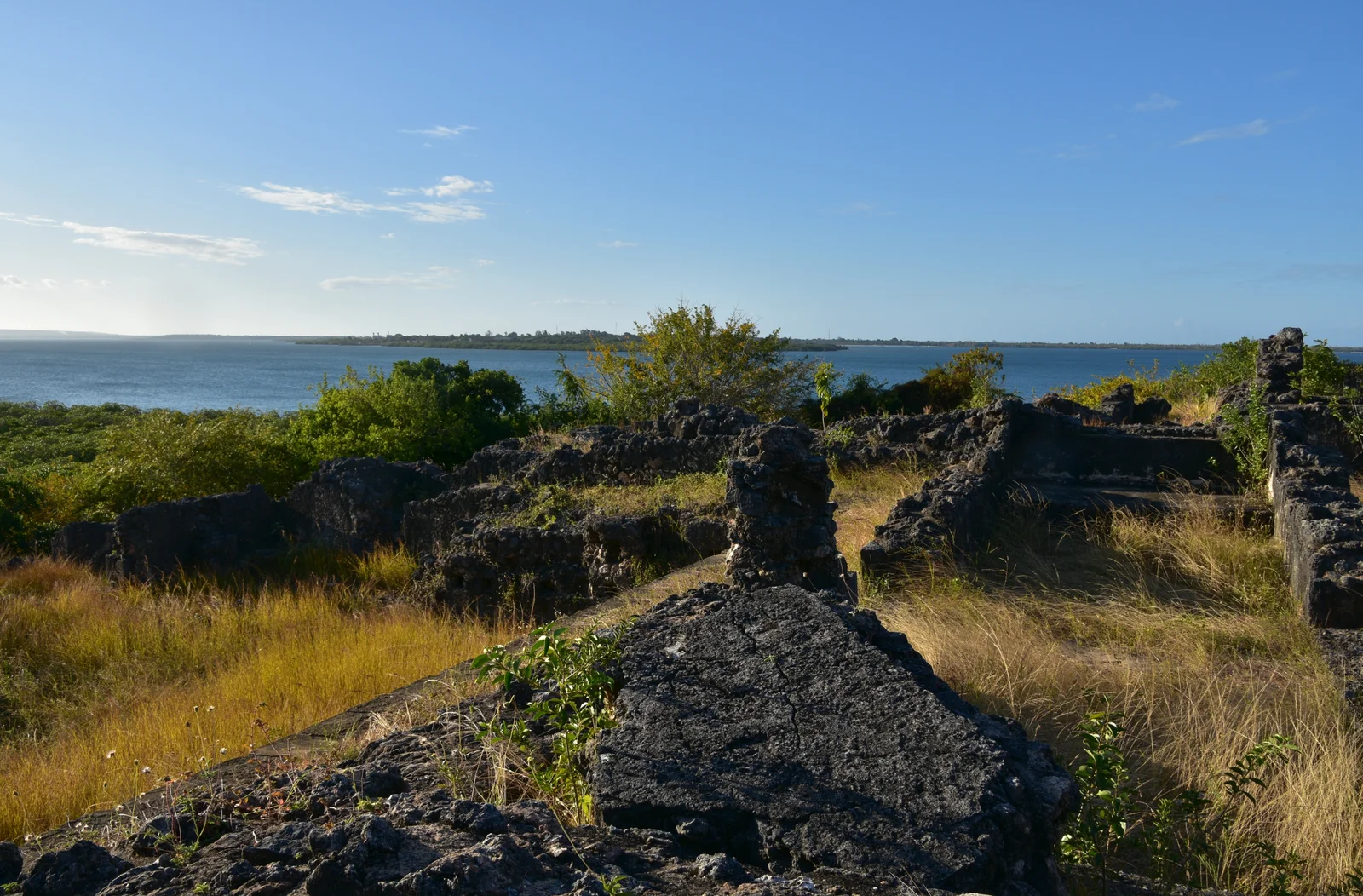 Rovine del palazzo di Husuni Kubwa sul bordo della scogliera con vista sull'Oceano Indiano