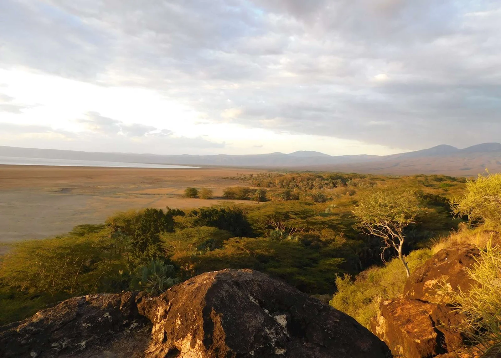 Panoramablick auf die Salzpfannen des Lake Eyasi, die sich bei Sonnenaufgang bis zum Steilufer des Rift Valley erstrecken