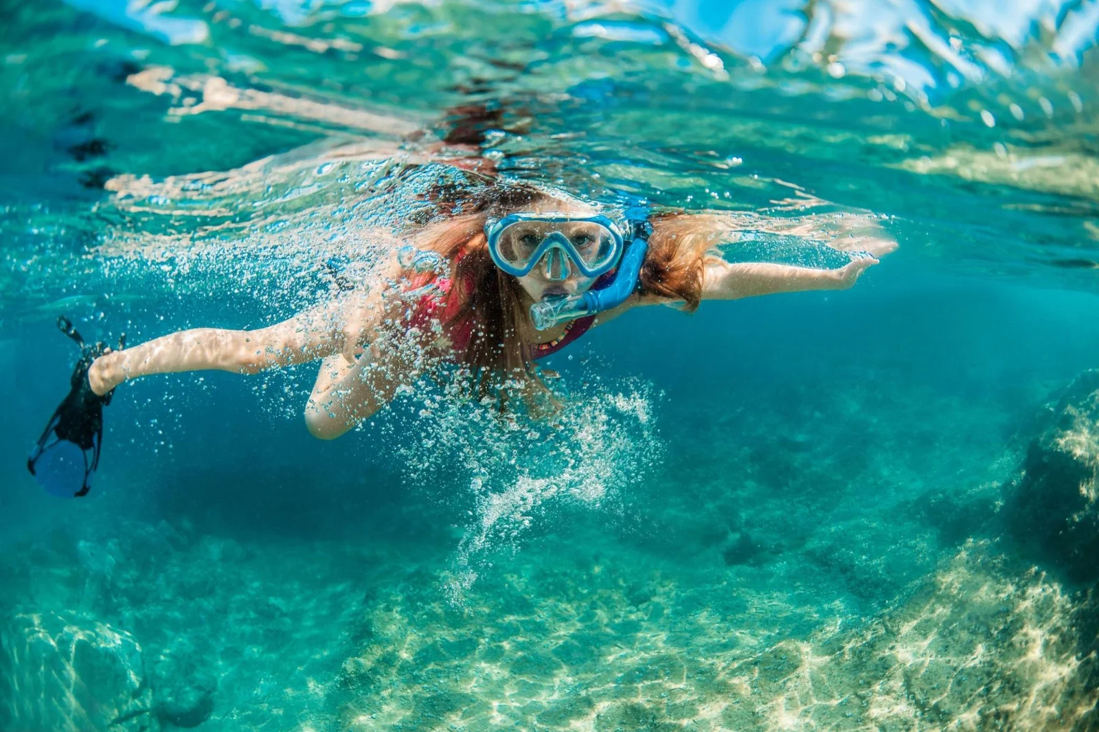 Schnorchler bei leicht reduzierter Sicht während der Walhai-Saison im planktonreichen grünen Wasser