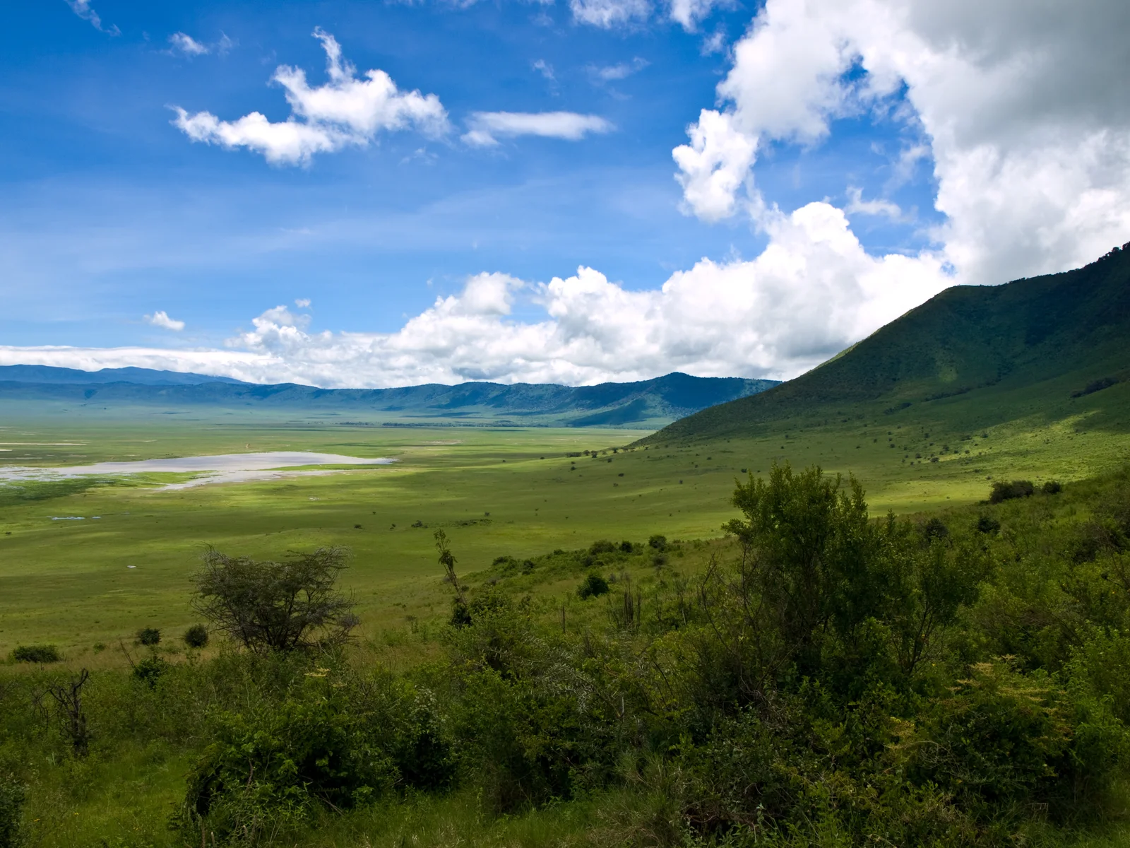 Fondo del cráter del Ngorongoro en temporada verde, con vegetación exuberante y formaciones de nubes espectaculares