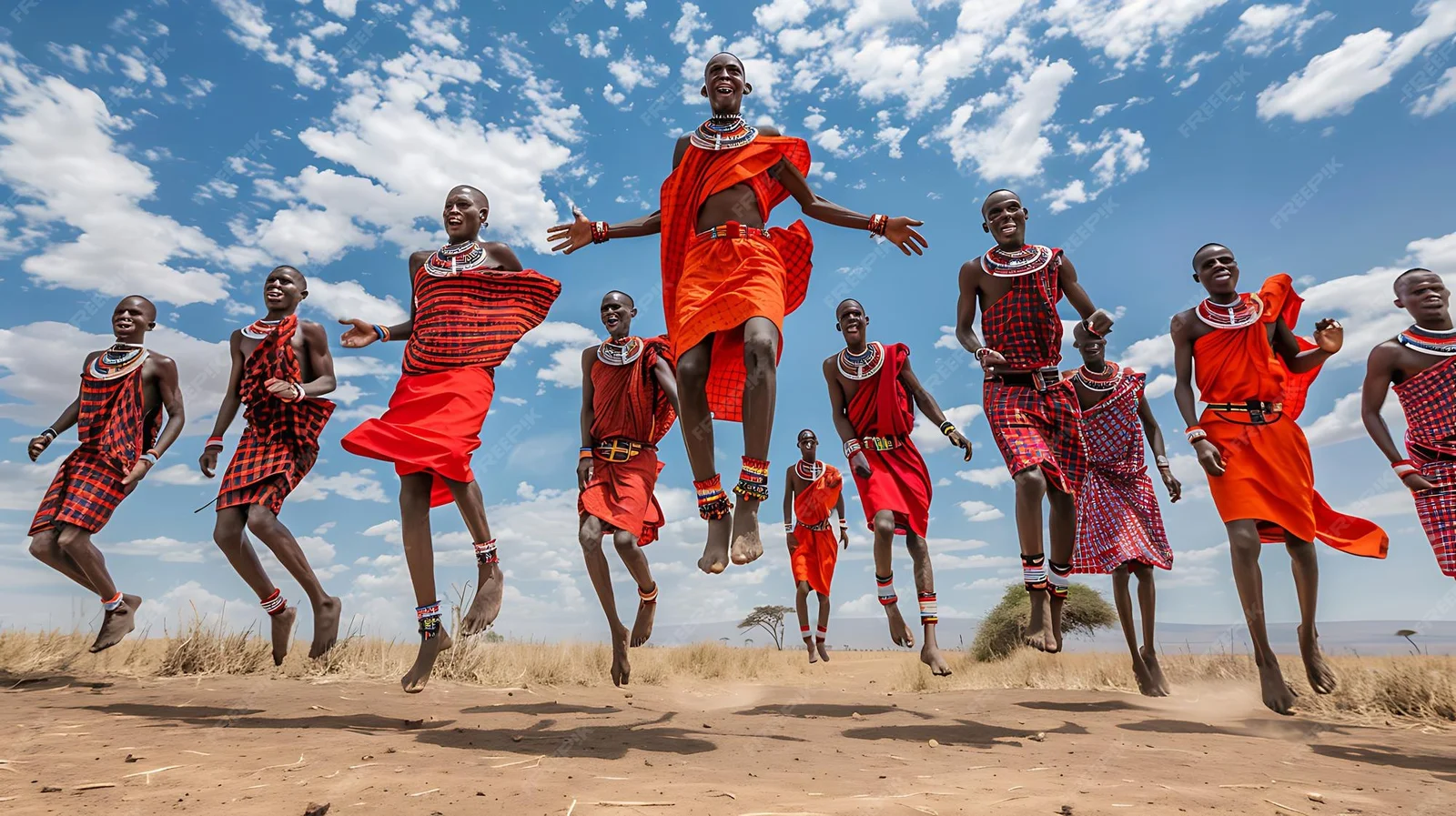Guerreros maasáis realizando la danza de salto adumu para los visitantes