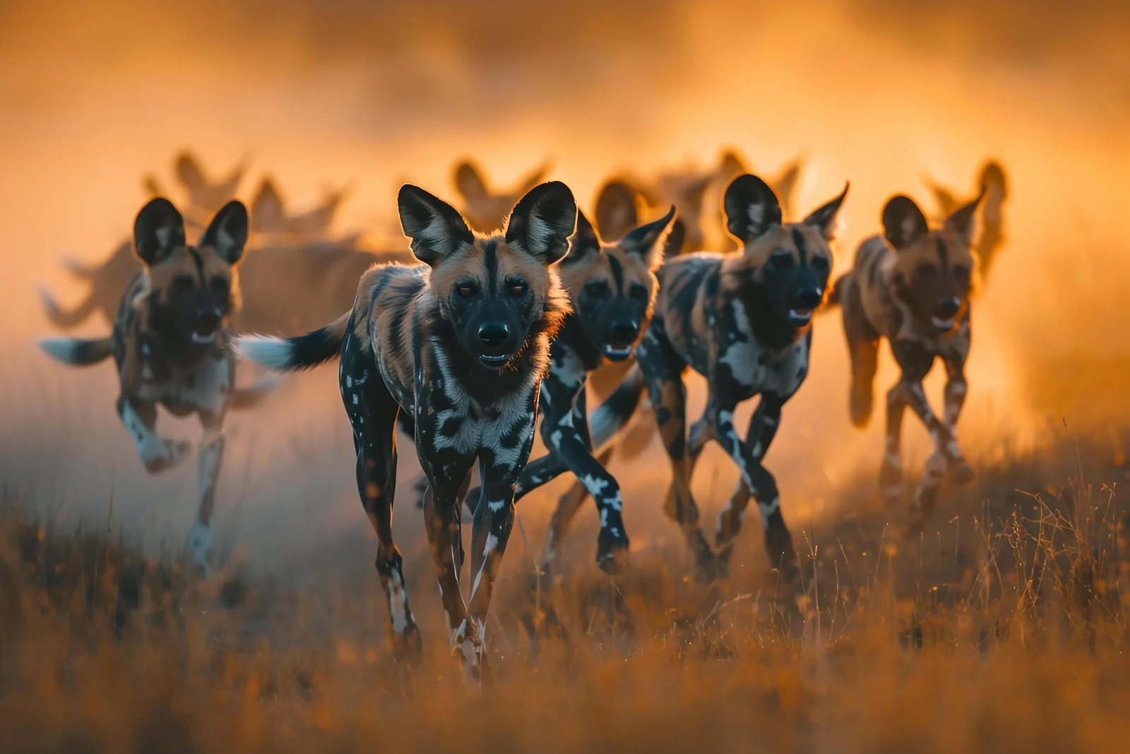 Ein Rudel Afrikanischer Wildhunde versammelt sich während der Wurfzeit an seinem Bau im trockenen Buschland Ruahas