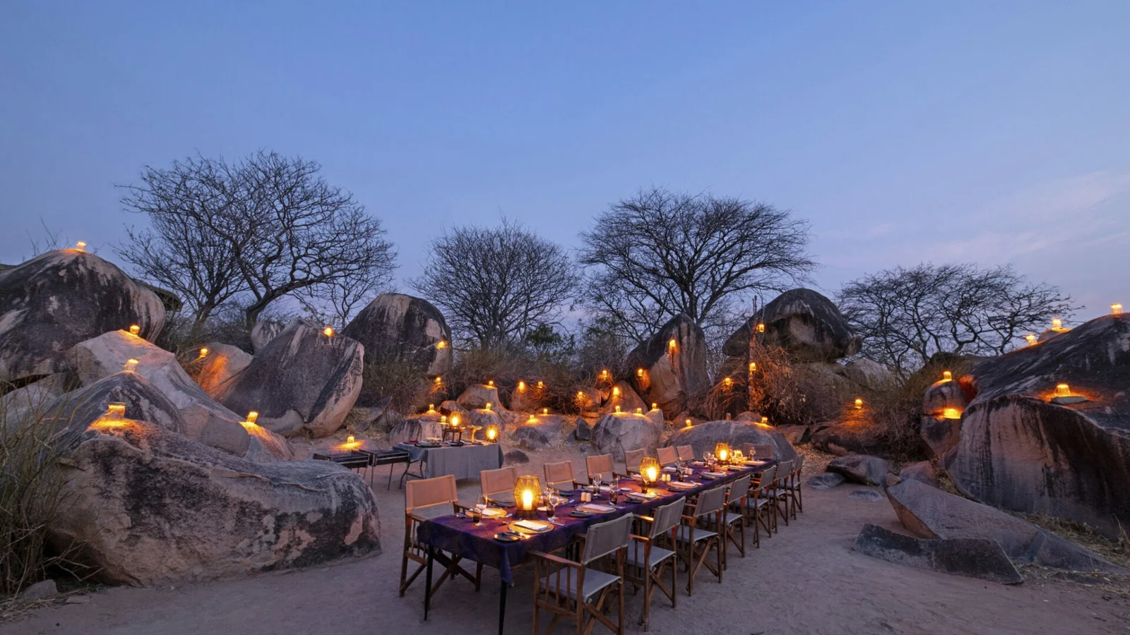 Un espace de restauration en plein air dans un camp de safari de Ruaha, installé sous d'anciens baobabs