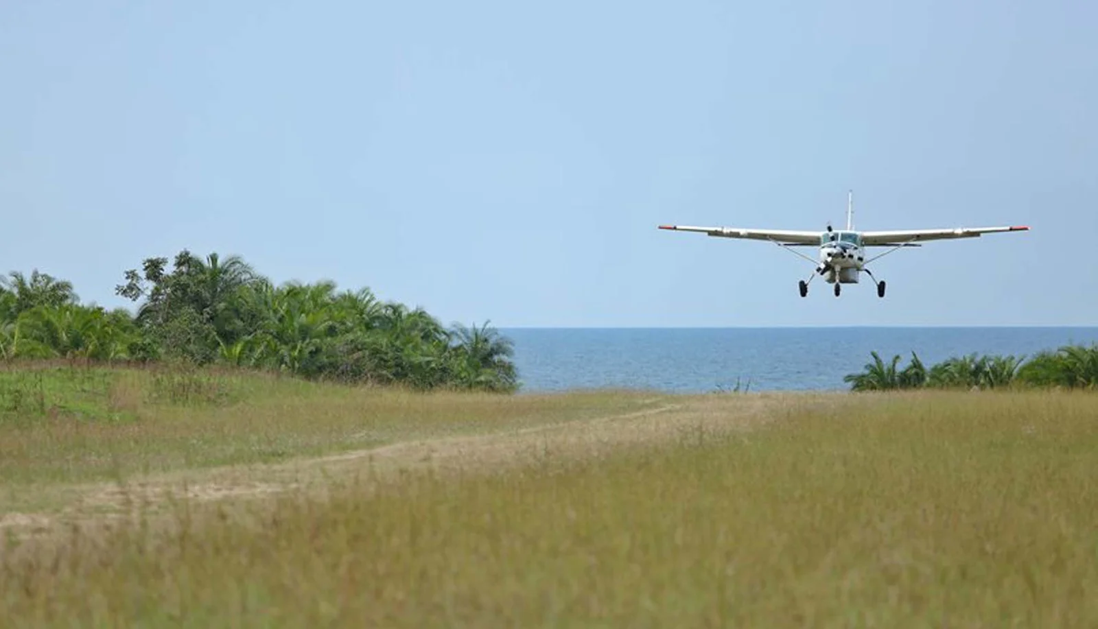 Charter-Cessna Caravan auf der Landebahn von Rubondo Island, umgeben von tropischem Wald