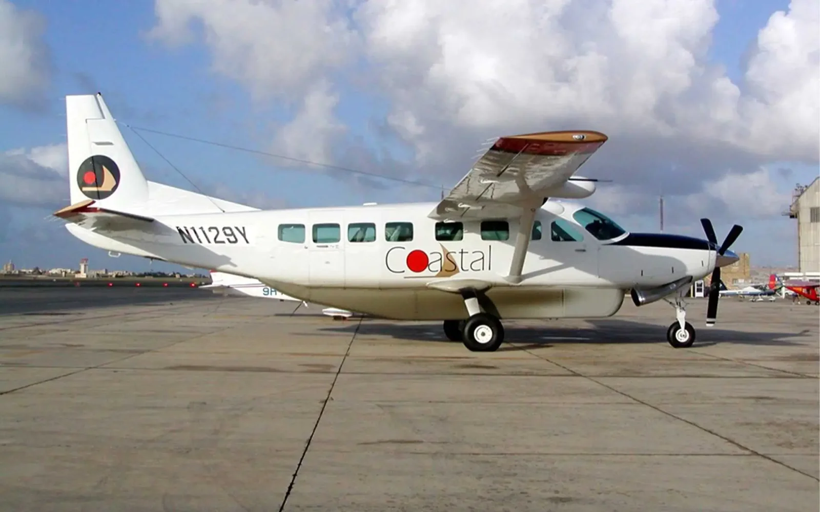 Charterflugzeug auf dem Saadani-Airstrip innerhalb des Nationalparks mit Küstenbuschland im Hintergrund