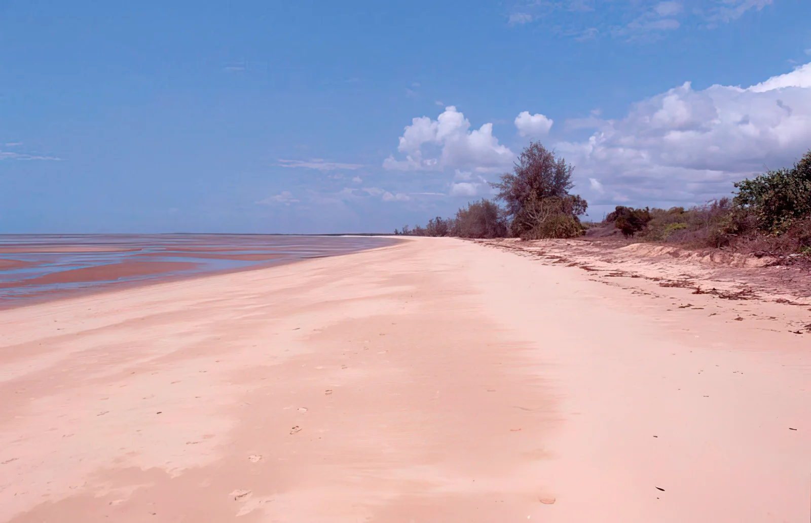 Plage de sable blanc déserte à Saadani avec des traces de crabes fantômes dans la lumière du matin