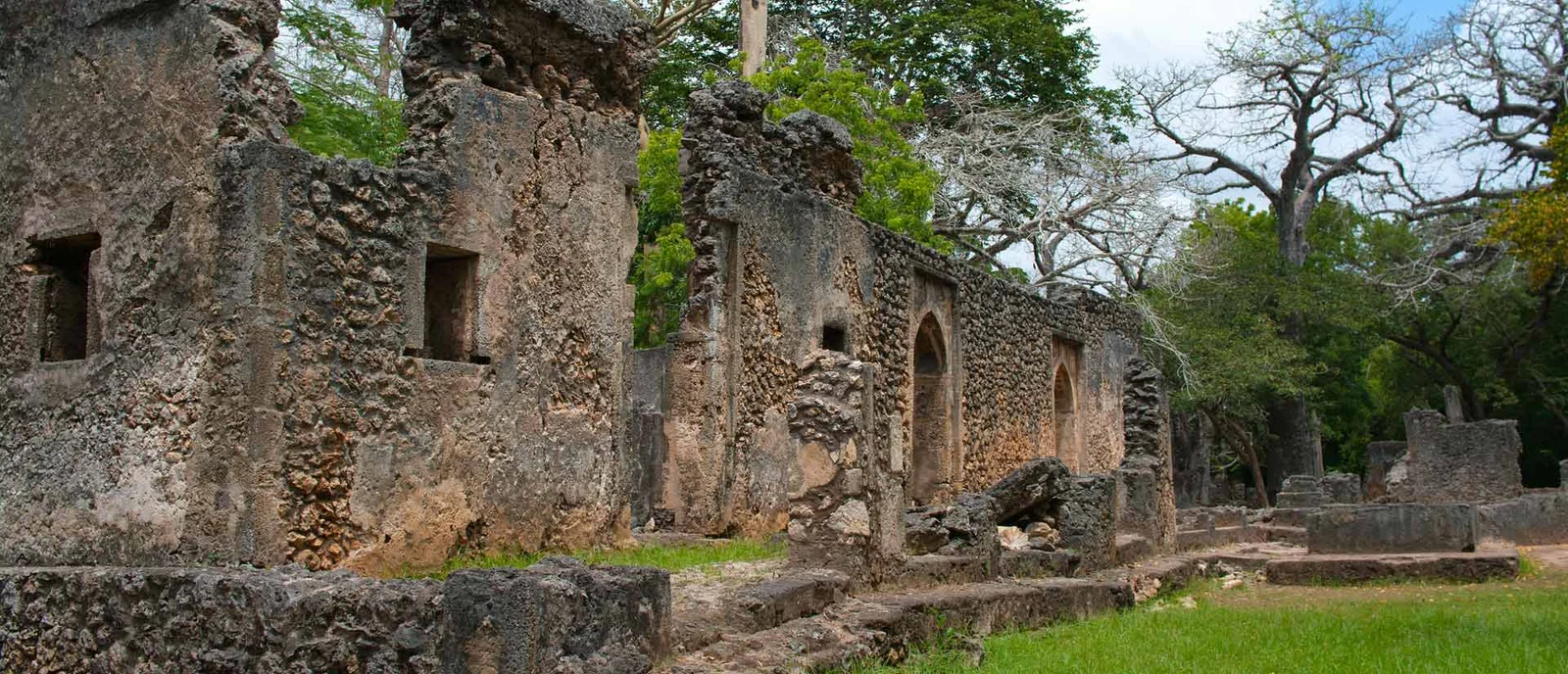 Die geschnitzte Korallenstein-Umfassungsmauer und die Säulen der Großen Moschee in den Gede-Ruinen — eine vom 13. bis 17. Jahrhundert bewohnte Suaheli-Stadt, die um 1700 aufgegeben wurde und heute vom Arabuko-Sokoke-Wald umschlossen ist, gelistet auf der UNESCO-Vorschlagsliste der National Museums of Kenya.