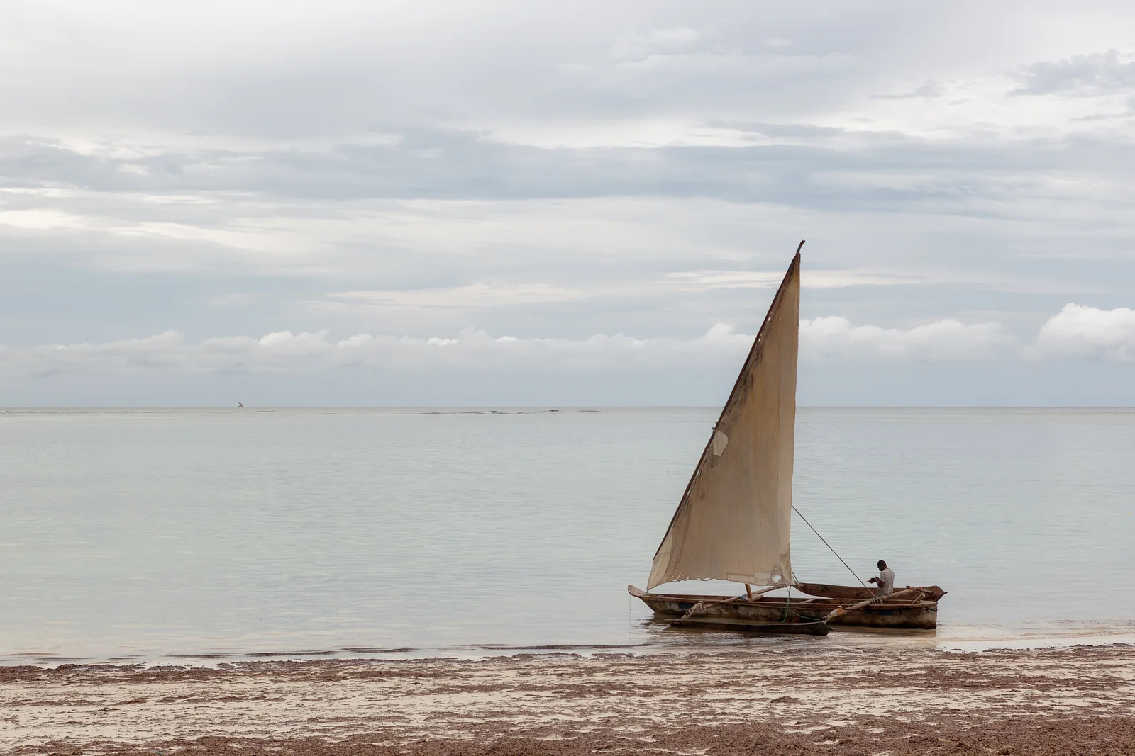 Dhow tradicional de madera con vela triangular capturando la brisa durante un crucero al atardecer frente a Nungwi